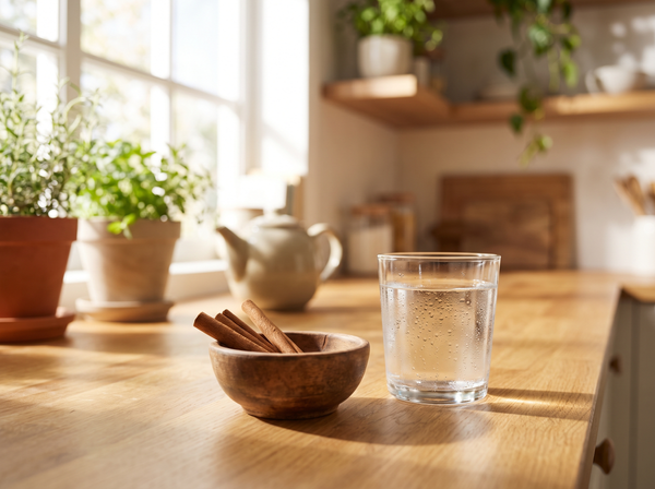 Cinnamon sticks and a glass of water on a kitchen counter in morning light